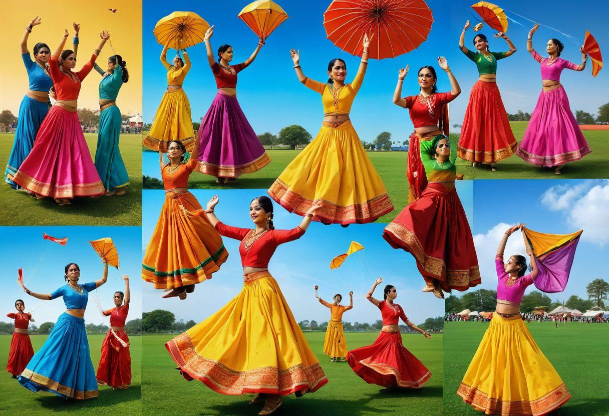 A vibrant collage depicting India's diverse leisure activities: traditional Kathak dancers in colorful costumes, a bustling Bollywood cinema scene with film posters, children playing cricket in a field, and families enjoying a kite festival under a bright sky. Each scene should seamlessly blend into one another, capturing the joyous and varied spirit of Indian leisure. super-realistic. vibrant colors.
