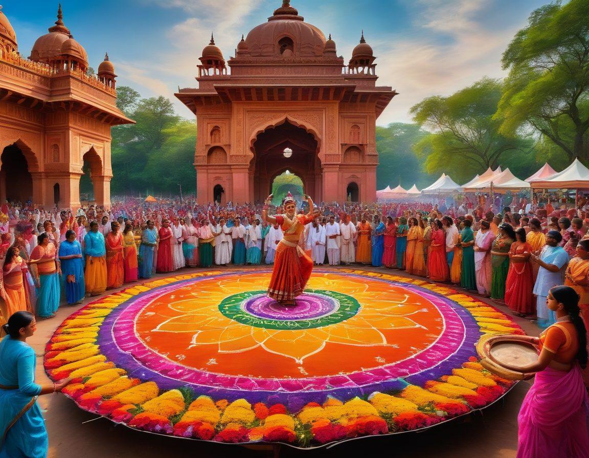 A vibrant scene capturing the essence of Indian culture - a colorful festival with joyous crowds, traditional dancers in ornate costumes, artists painting intricate Rangoli patterns, and musicians playing classical instruments. In the background, elements of Indian architecture and lush landscapes. painting. vibrant colors. detailed.