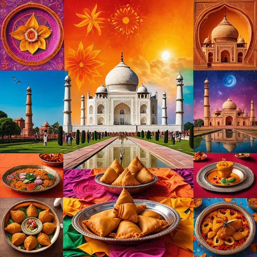 A vibrant collage showcasing Indian festivals with colorful traditional attire, delectable cuisine like samosas and jalebis, and rich arts including classical dance forms and intricate rangoli designs. The background should feature iconic Indian monuments like the Taj Mahal and ancient temple architecture. vibrant colors. super-realistic.